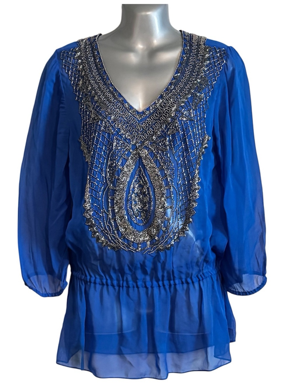 Cache Royal Blue Beaded Embellished Sheer Tunic Blouse Medium Boho Glam Evening